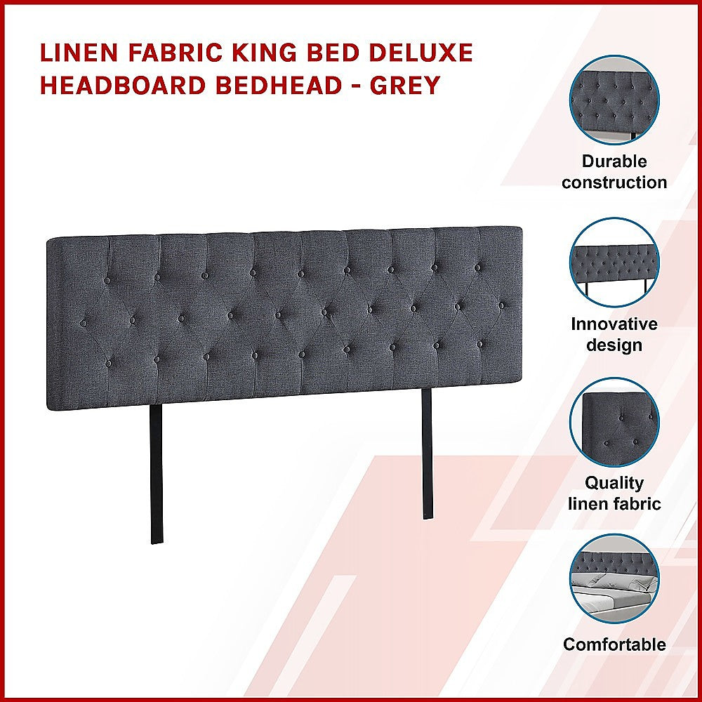 Linen Fabric King Bed Deluxe Headboard Bedhead - Grey 4