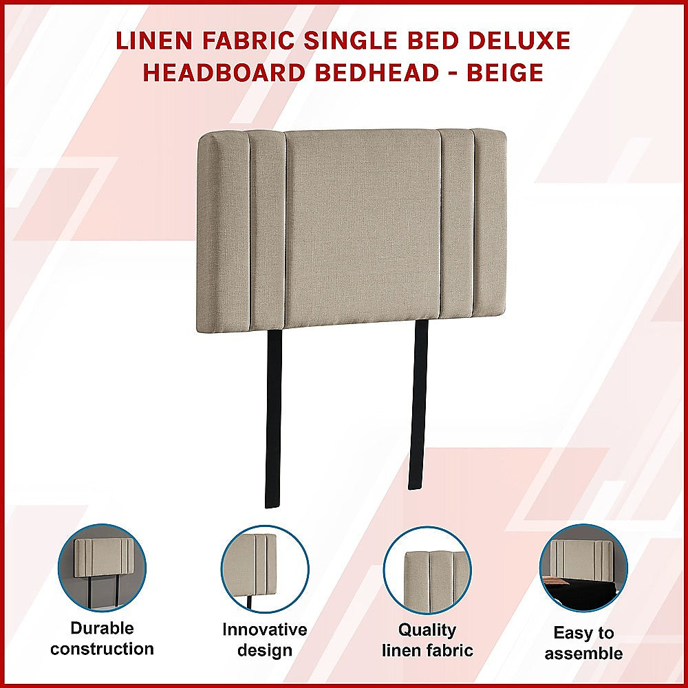 Linen Fabric Single Bed Deluxe Headboard Bedhead - Beige 3