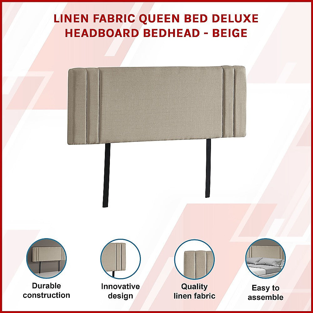 Linen Fabric Queen Bed Deluxe Headboard Bedhead - Beige 3
