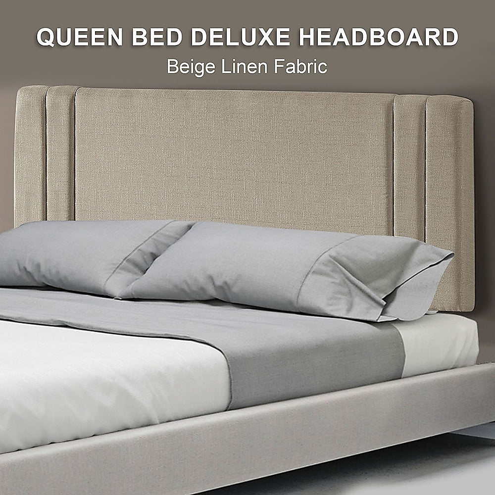 Linen Fabric Queen Bed Deluxe Headboard Bedhead - Beige 5
