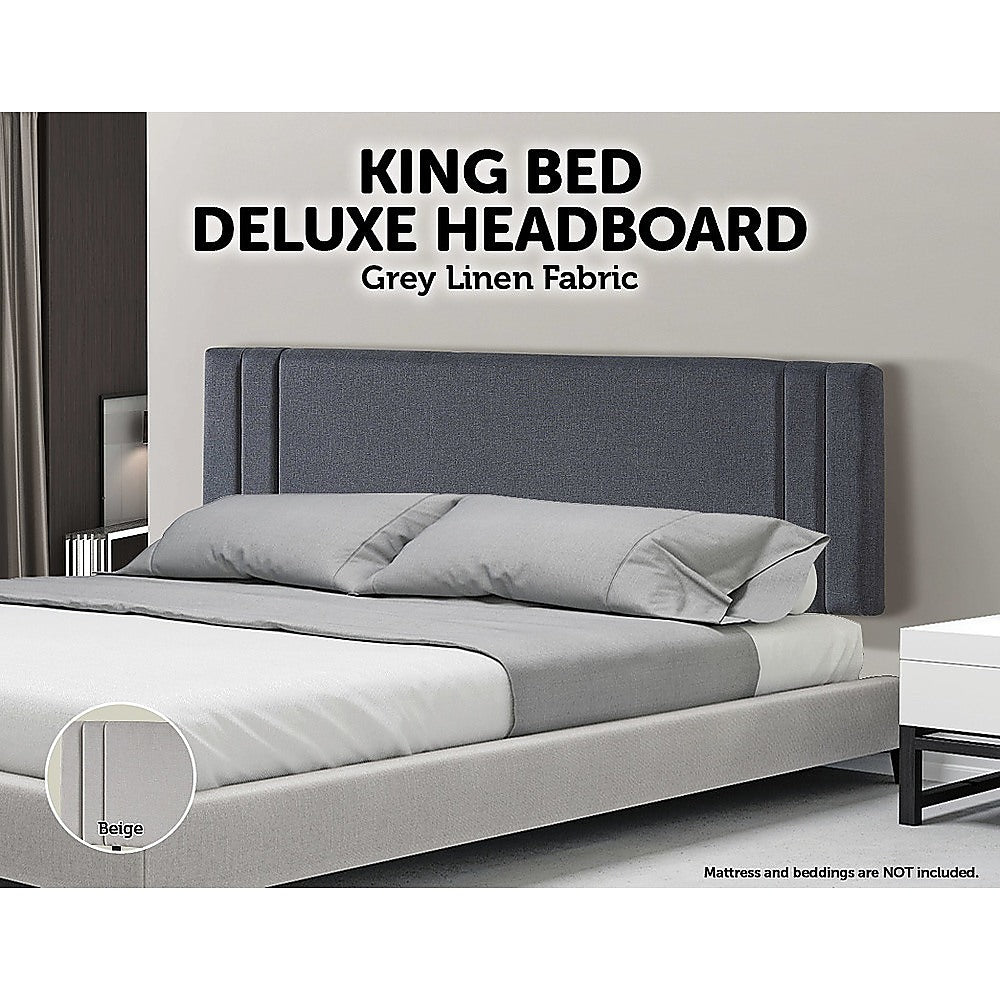 Linen Fabric King Bed Deluxe Headboard Bedhead - Grey 3