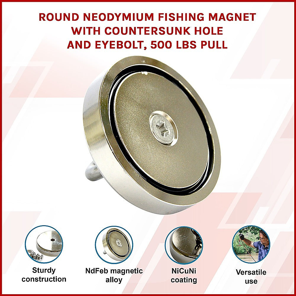 Round Neodymium Fishing Magnet with Countersunk Hole and Eyebolt, 500 LBS pull 3
