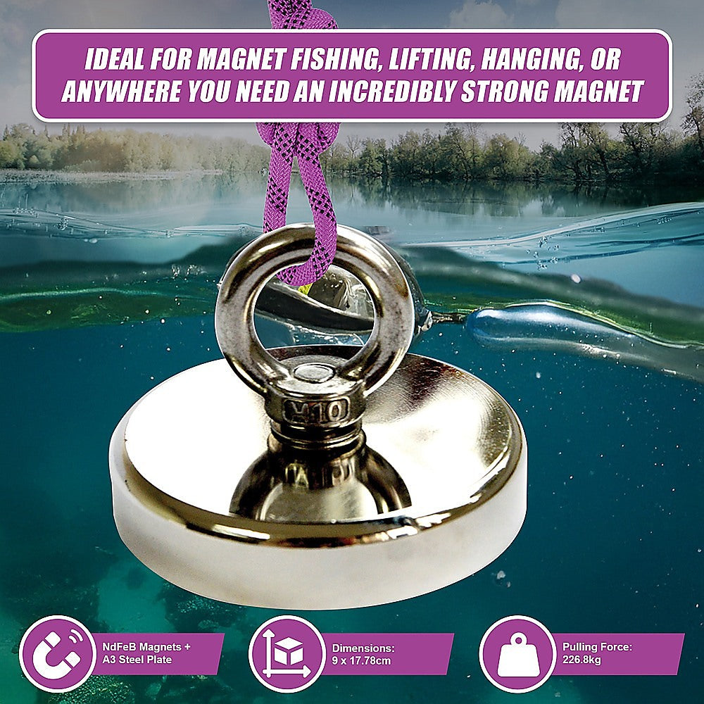 Round Neodymium Fishing Magnet with Countersunk Hole and Eyebolt, 500 LBS pull 9