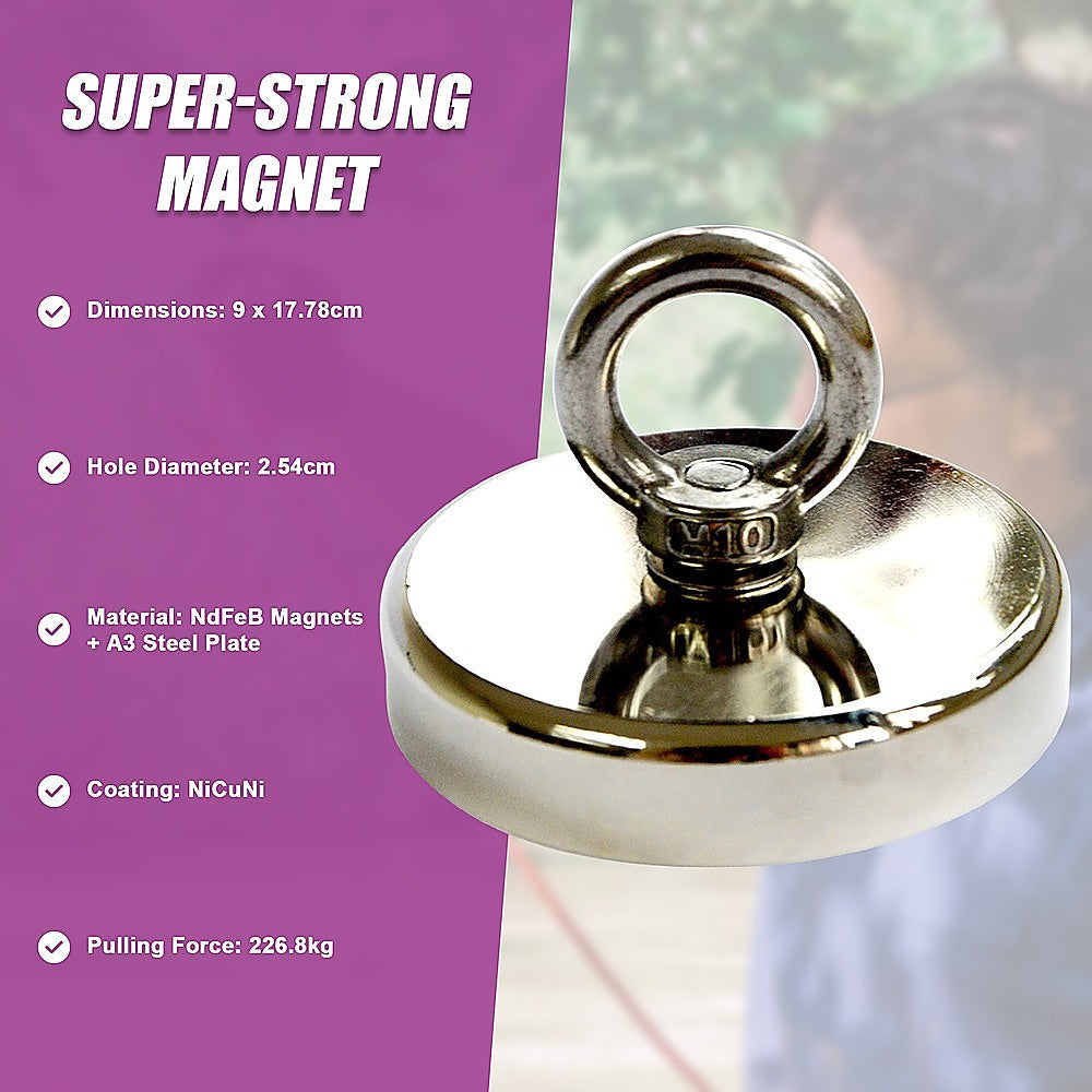 Round Neodymium Fishing Magnet with Countersunk Hole and Eyebolt, 500 LBS pull 10