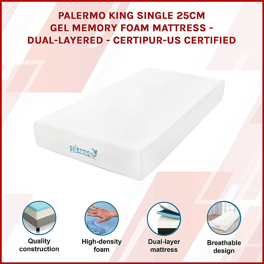 Palermo King Single 25cm Gel Memory Foam Mattress - Dual-Layered - CertiPUR-US Certified 3