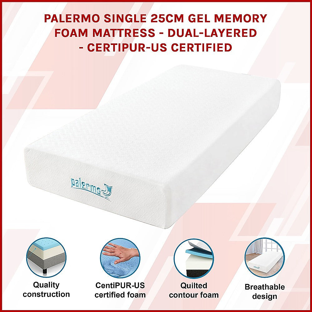 Palermo Single 25cm Gel Memory Foam Mattress - Dual-Layered - CertiPUR-US Certified 3