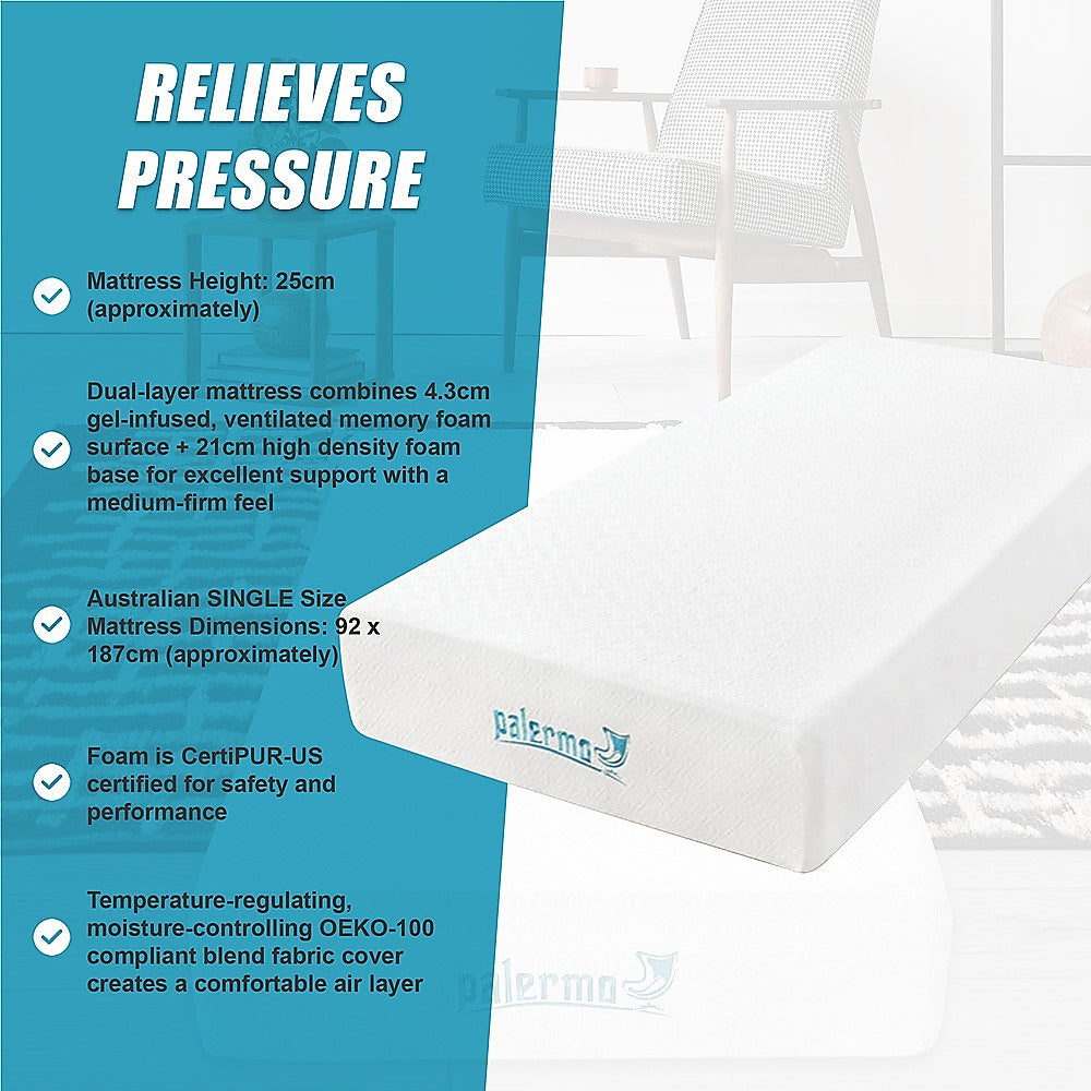 Palermo Single 25cm Gel Memory Foam Mattress - Dual-Layered - CertiPUR-US Certified 10