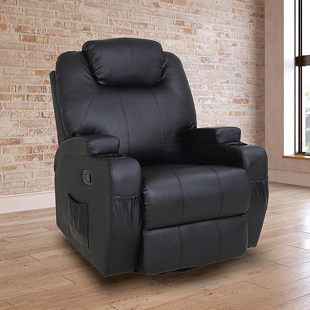 Black Massage Sofa Chair Recliner 360 Degree Swivel PU Leather Lounge 8 Point Heated 2