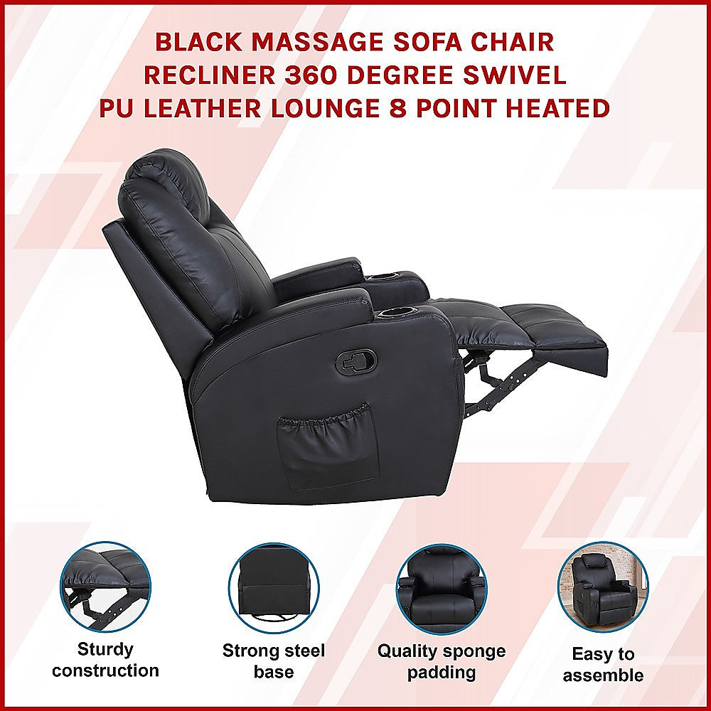 Black Massage Sofa Chair Recliner 360 Degree Swivel PU Leather Lounge 8 Point Heated 3