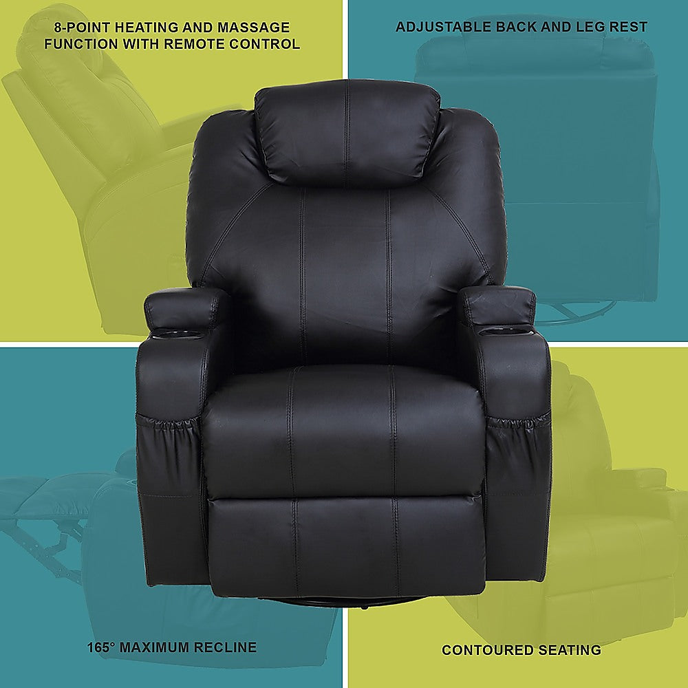 Black Massage Sofa Chair Recliner 360 Degree Swivel PU Leather Lounge 8 Point Heated 4