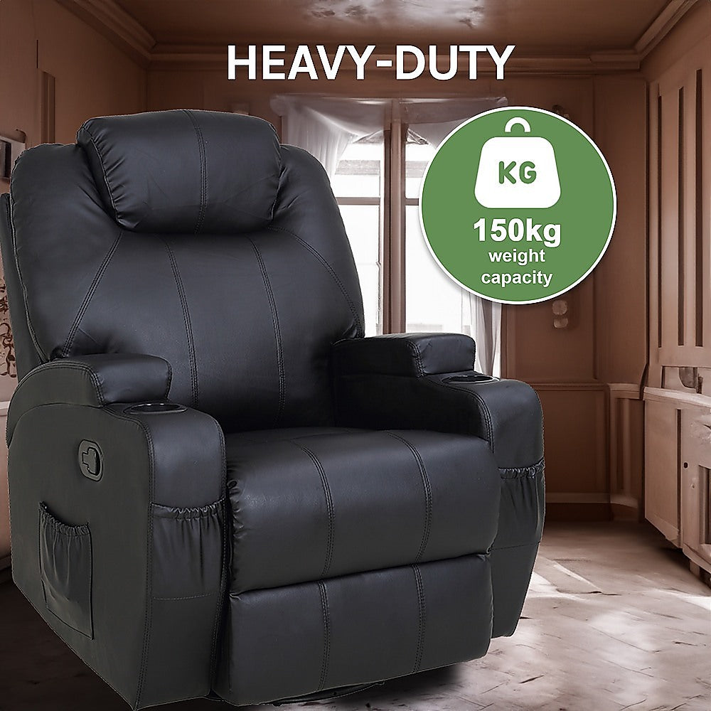 Black Massage Sofa Chair Recliner 360 Degree Swivel PU Leather Lounge 8 Point Heated 6