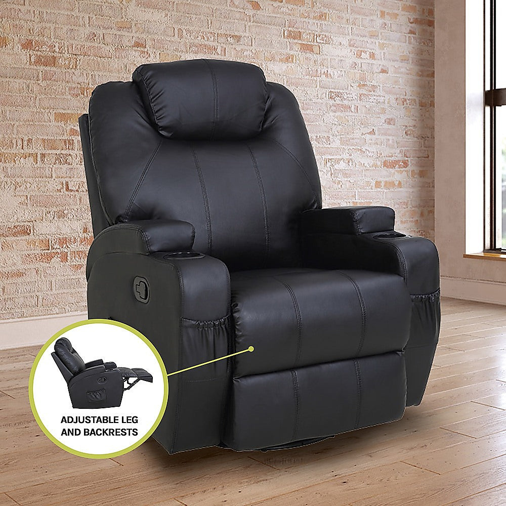 Black Massage Sofa Chair Recliner 360 Degree Swivel PU Leather Lounge 8 Point Heated 9