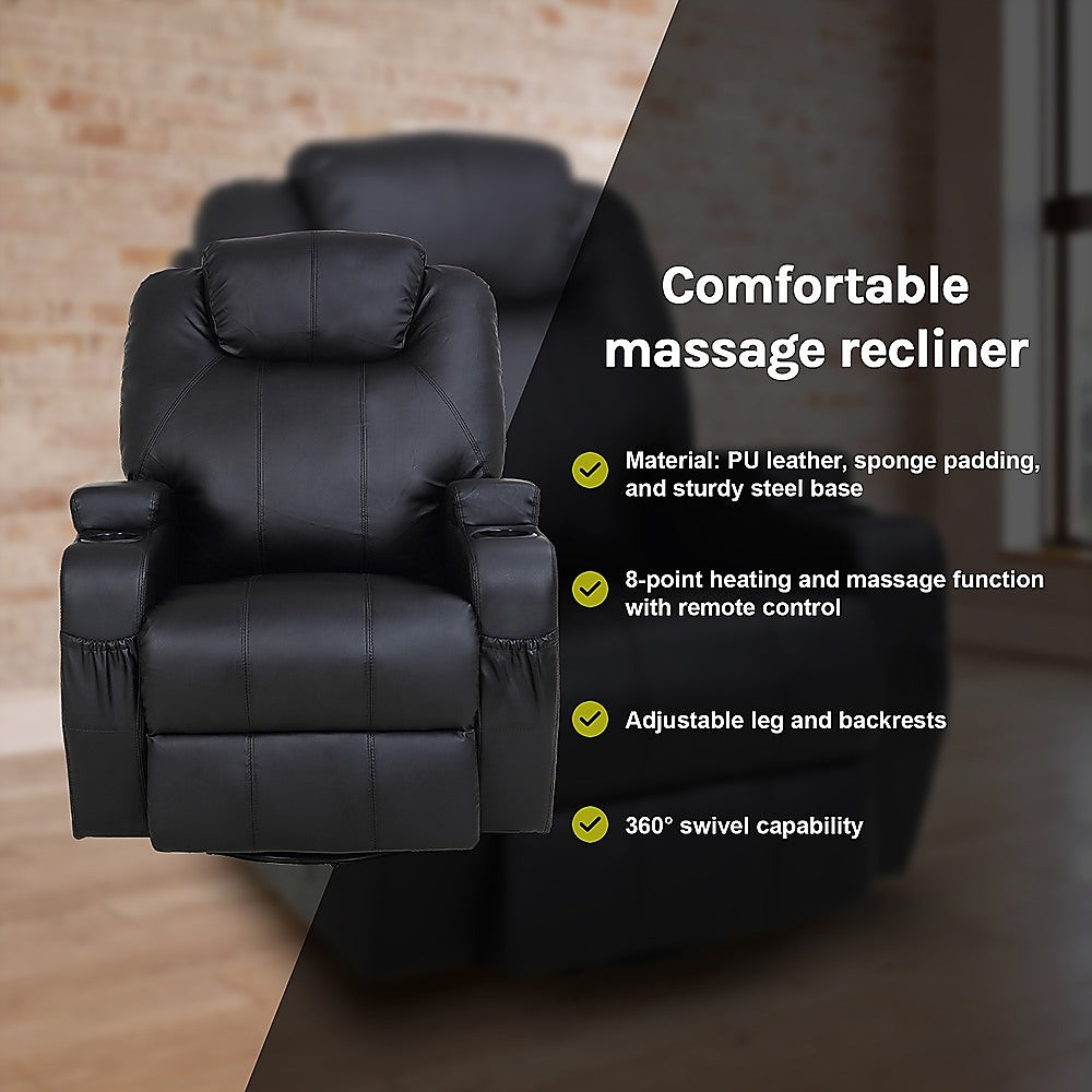 Black Massage Sofa Chair Recliner 360 Degree Swivel PU Leather Lounge 8 Point Heated 10