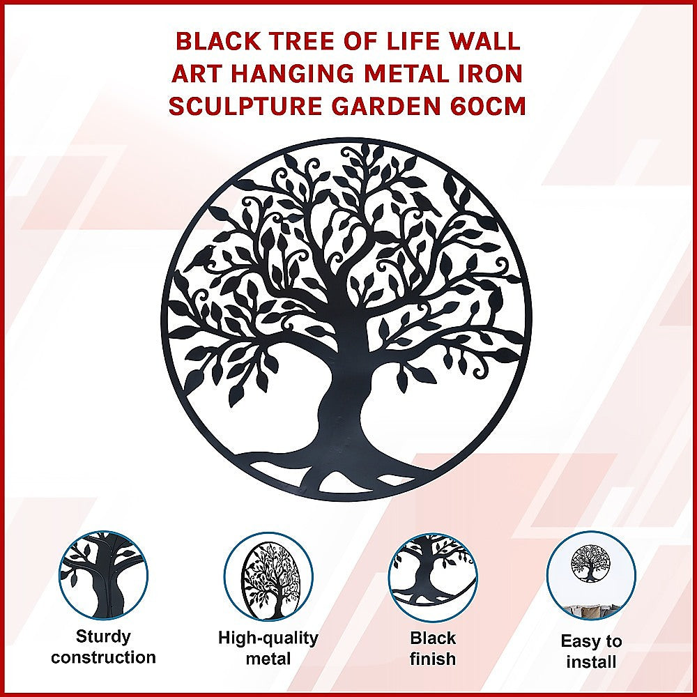 Black Tree of Life Wall Art Hanging Metal Iron Sculpture Garden 60cm 3