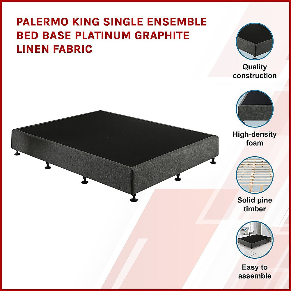 Palermo King Single Ensemble Bed Base Platinum Graphite Linen Fabric 3