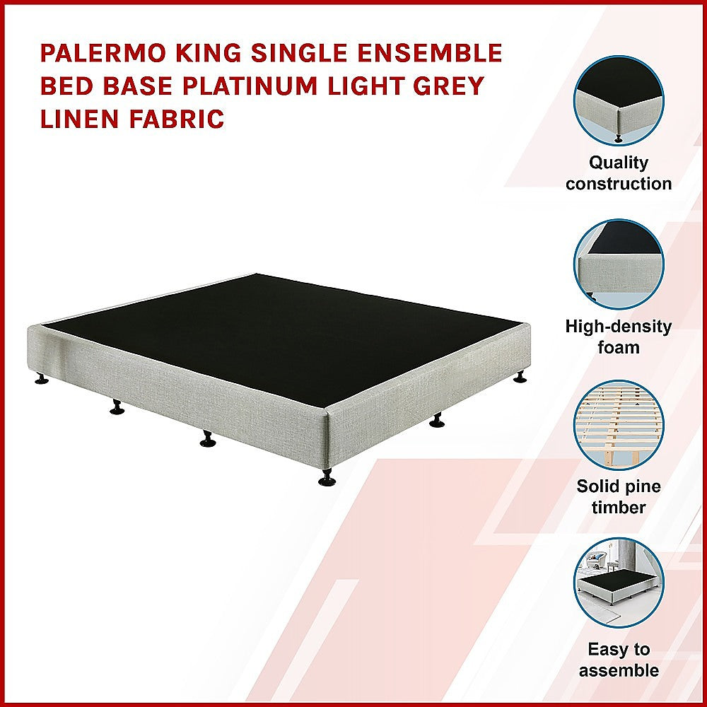 Palermo King Single Ensemble Bed Base Platinum Light Grey Linen Fabric 3