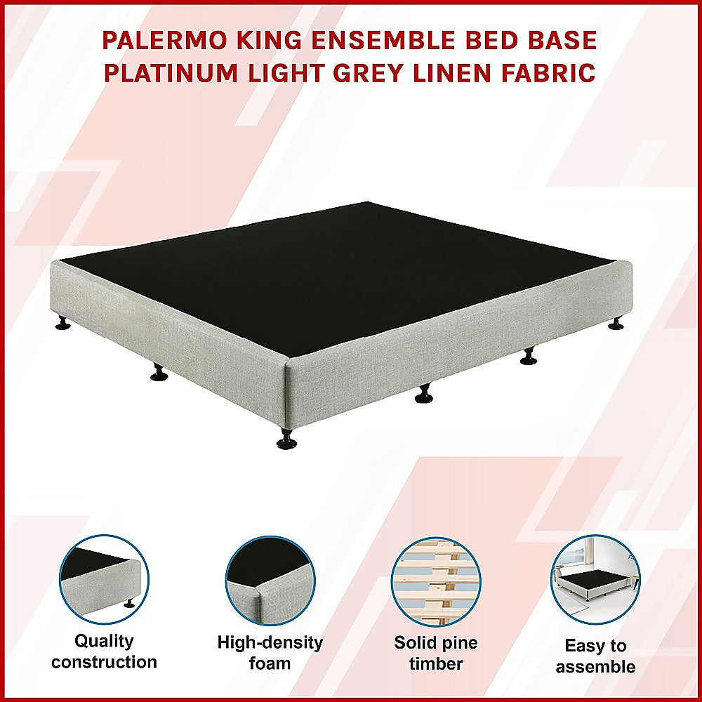 Palermo King Ensemble Bed Base Platinum Light Grey Linen Fabric 3