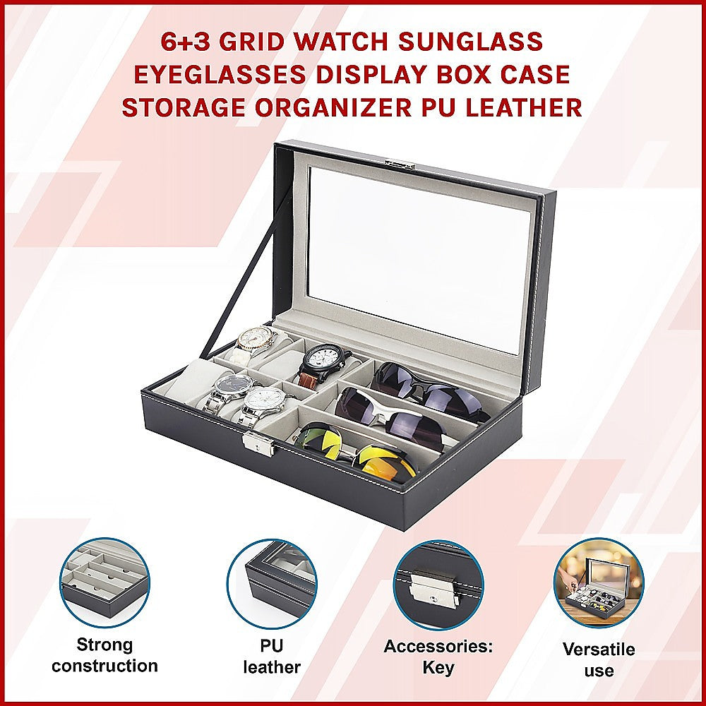 6+3 Grid Watch Sunglass Eyeglasses Display Box Case Storage Organizer PU Leather 3