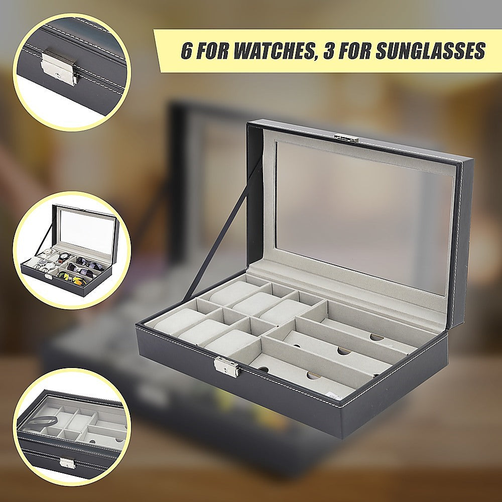 6+3 Grid Watch Sunglass Eyeglasses Display Box Case Storage Organizer PU Leather 8