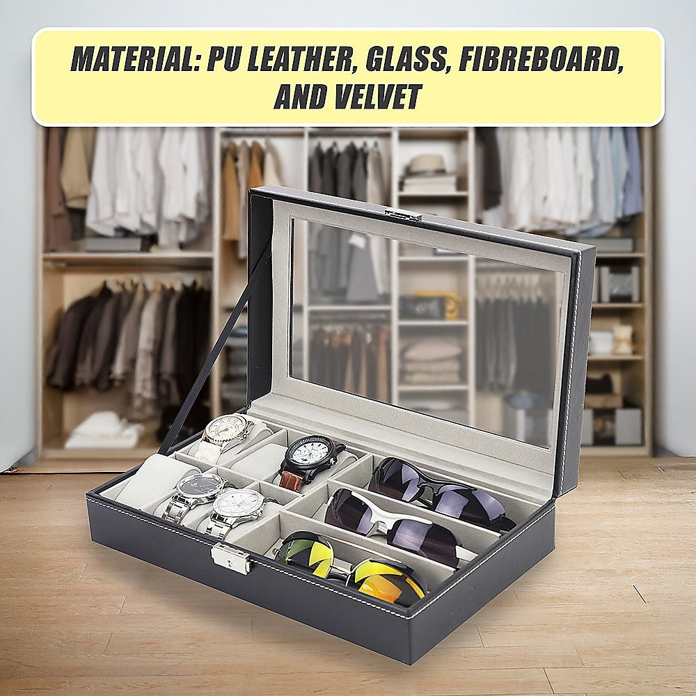 6+3 Grid Watch Sunglass Eyeglasses Display Box Case Storage Organizer PU Leather 9