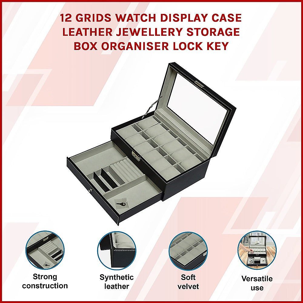 12 Grids Watch Display Case Leather jewellery Storage Box Organiser Lock Key 3
