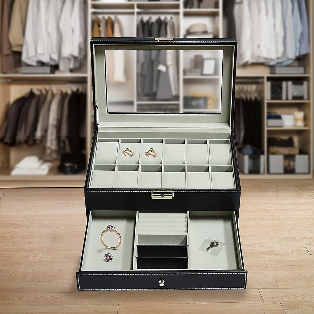 12 Grids Watch Display Case Leather jewellery Storage Box Organiser Lock Key 5