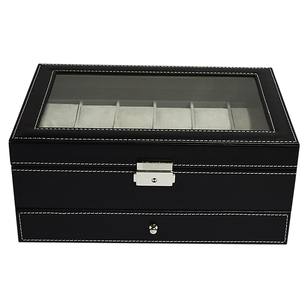12 Grids Watch Display Case Leather jewellery Storage Box Organiser Lock Key 7