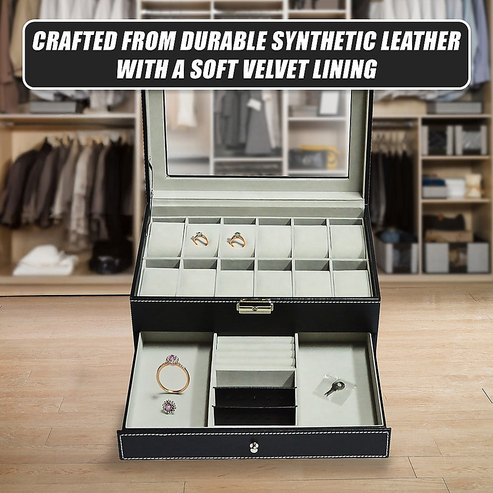 12 Grids Watch Display Case Leather jewellery Storage Box Organiser Lock Key 9