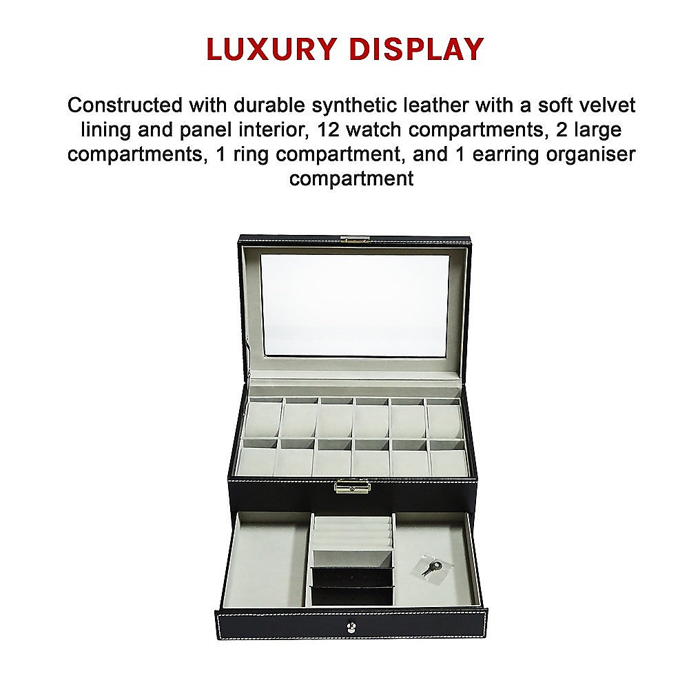 12 Grids Watch Display Case Leather jewellery Storage Box Organiser Lock Key 11