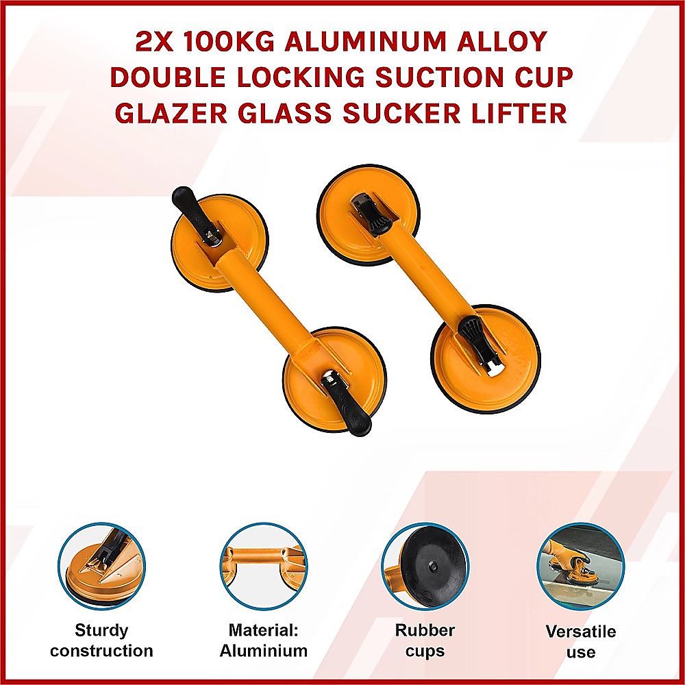 2x 100kg Aluminum Alloy Double Locking Suction Cup Glazer Glass Sucker Lifter 3