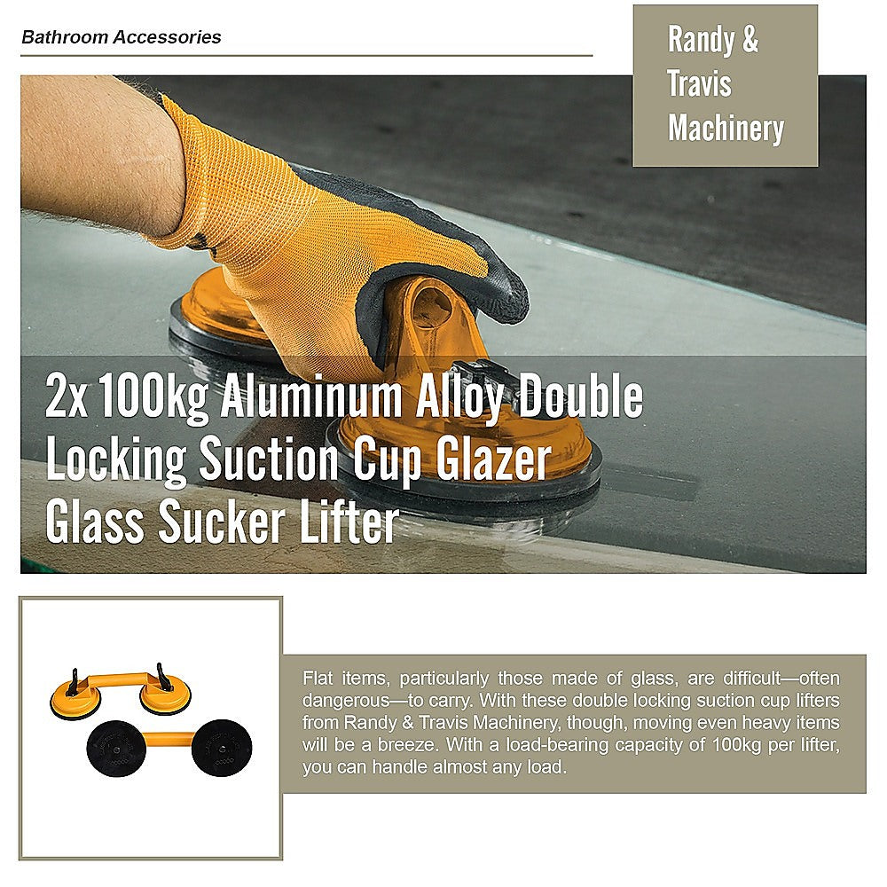 2x 100kg Aluminum Alloy Double Locking Suction Cup Glazer Glass Sucker Lifter 8
