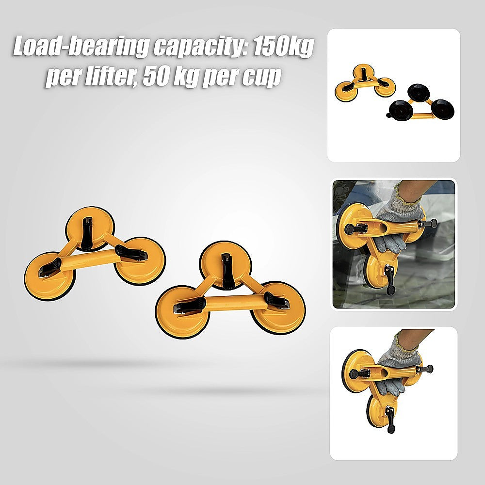 2x 150kg Load Aluminum Triple Suction Cup Pad Glazer Glass Sucker Remover Lifter 7