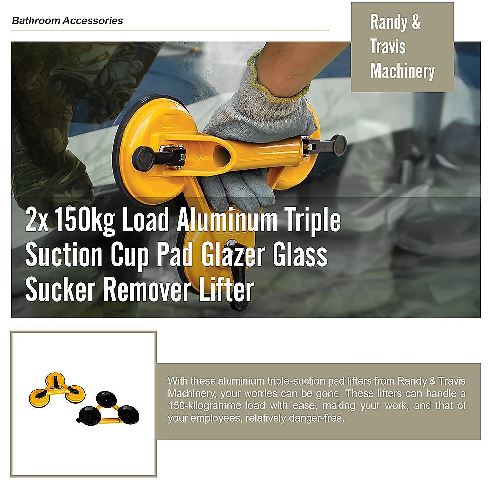 2x 150kg Load Aluminum Triple Suction Cup Pad Glazer Glass Sucker Remover Lifter 8