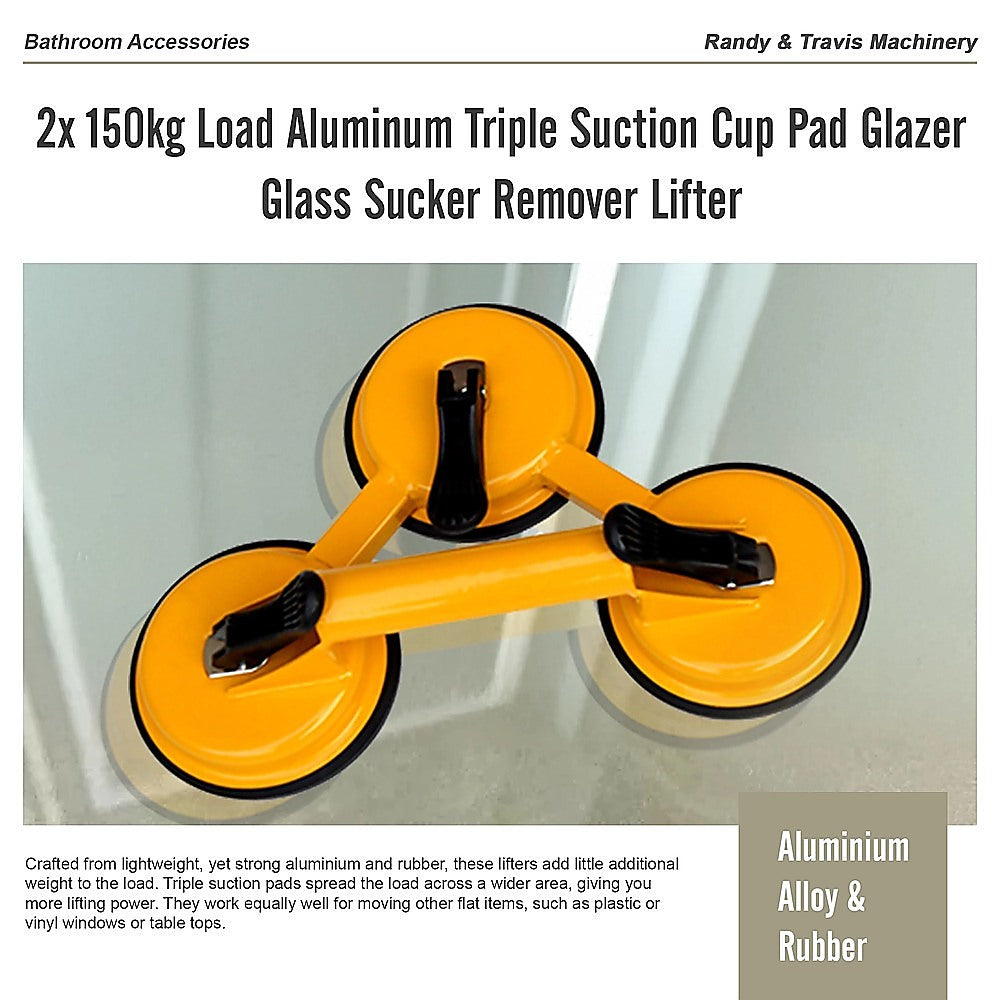 2x 150kg Load Aluminum Triple Suction Cup Pad Glazer Glass Sucker Remover Lifter 9