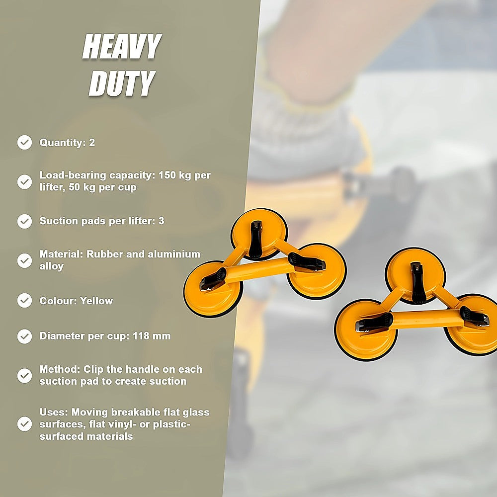 2x 150kg Load Aluminum Triple Suction Cup Pad Glazer Glass Sucker Remover Lifter 10
