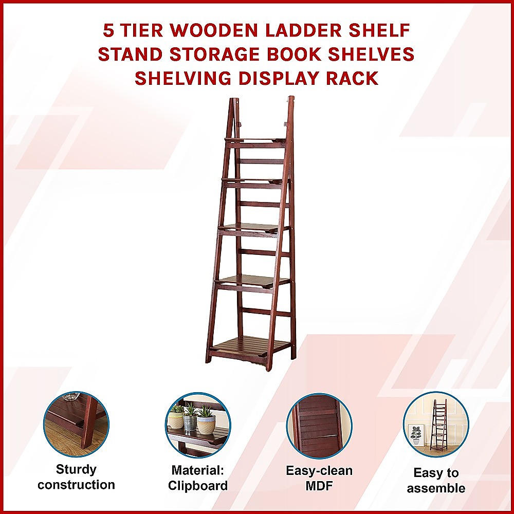 5 Tier Wooden Ladder Shelf Stand Storage Book Shelves Shelving Display Rack 3
