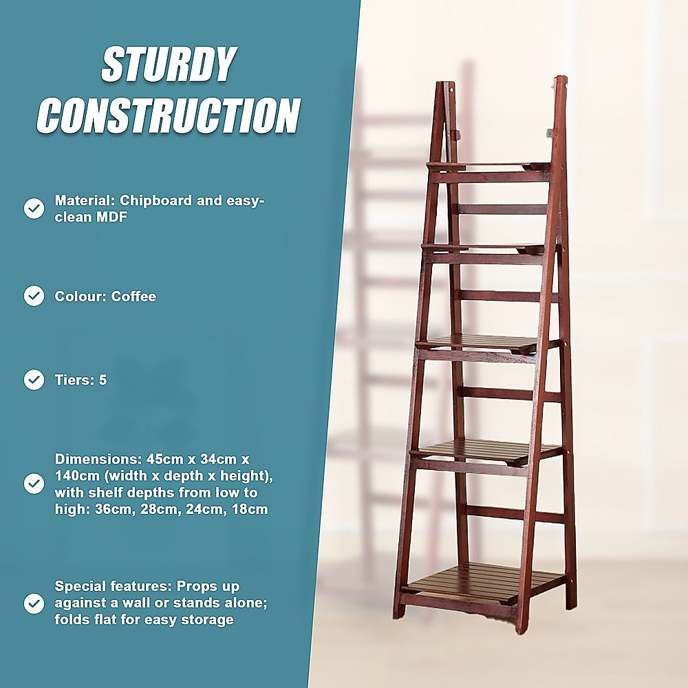 5 Tier Wooden Ladder Shelf Stand Storage Book Shelves Shelving Display Rack 10