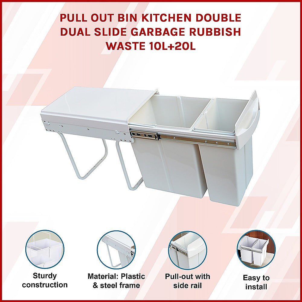 Pull Out Bin Kitchen Double Dual Slide Garbage Rubbish Waste 10L+20L 3