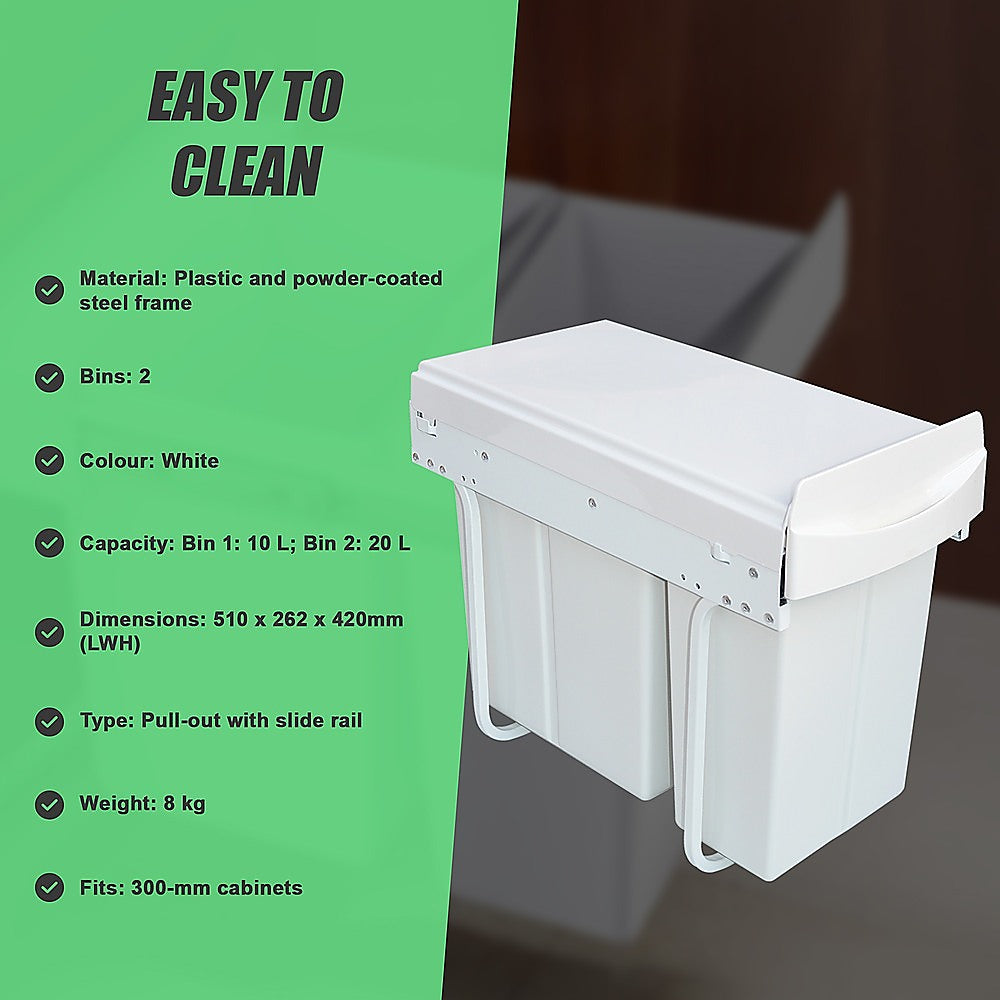 Pull Out Bin Kitchen Double Dual Slide Garbage Rubbish Waste 10L+20L 10