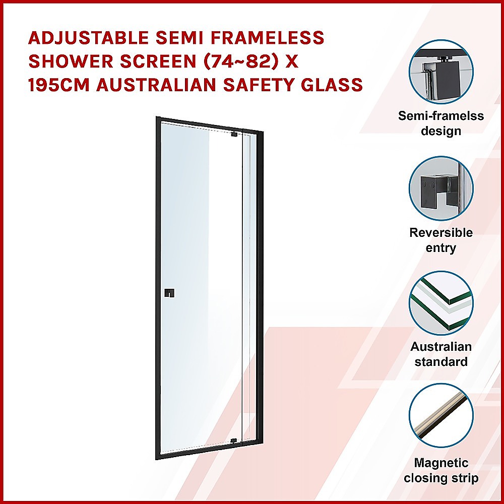Adjustable Semi Frameless Shower Screen (74~82) x 195cm Australian Safety Glass 3