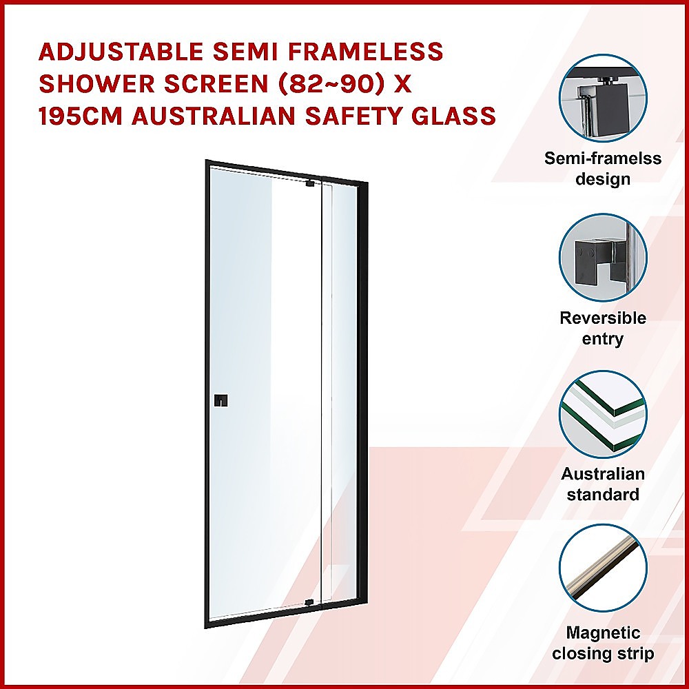 Adjustable Semi Frameless Shower Screen (82~90) x 195cm Australian Safety Glass 3