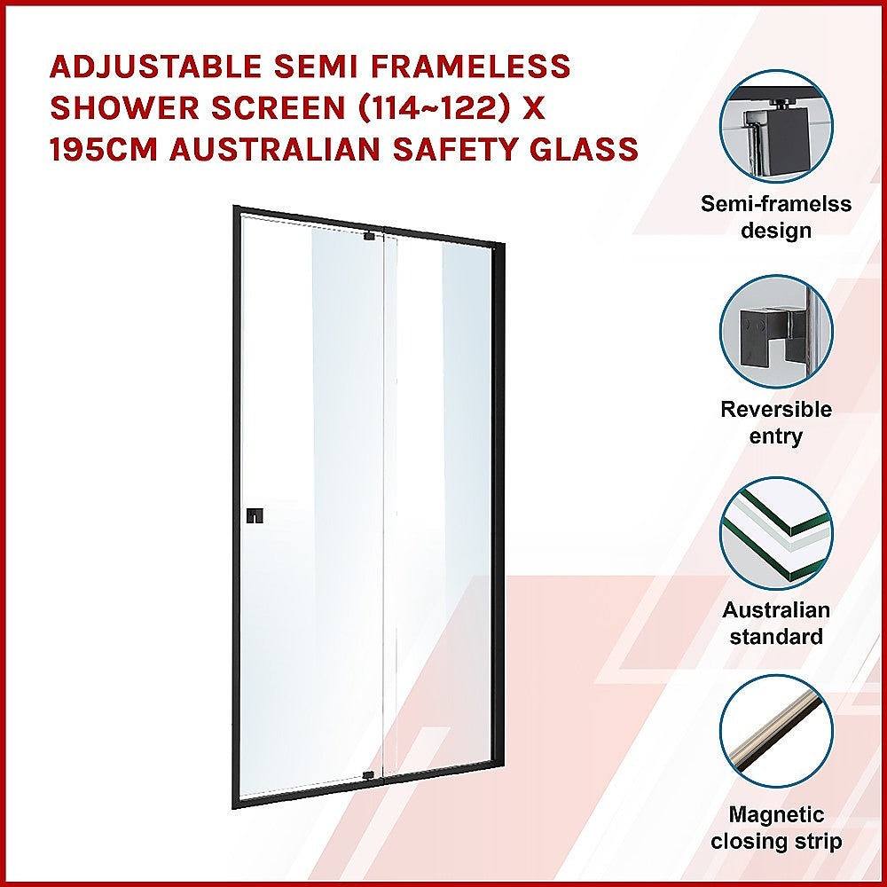 Adjustable Semi Frameless Shower Screen (114~122) x 195cm Australian Safety Glass 3