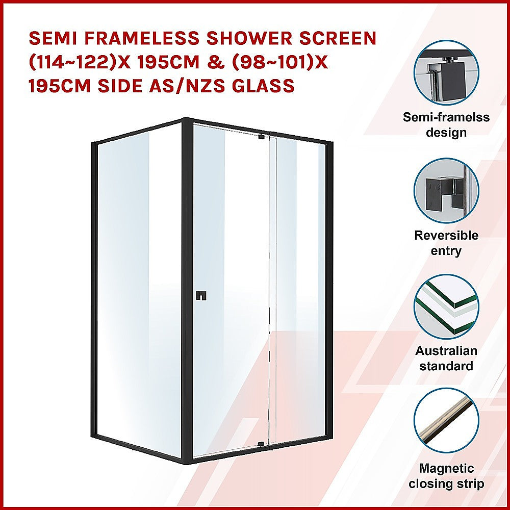 Semi Frameless Shower Screen (114~122)x 195cm & (98~101)x195cm Side AS/NZS Glass 3