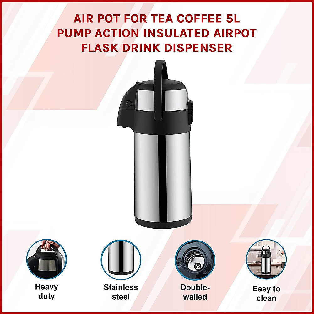 Air Pot for Tea Coffee 5L Pump Action Insulated Airpot Flask Drink Dispenser 3