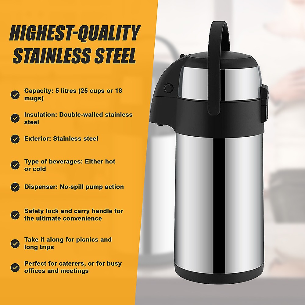 Air Pot for Tea Coffee 5L Pump Action Insulated Airpot Flask Drink Dispenser 10