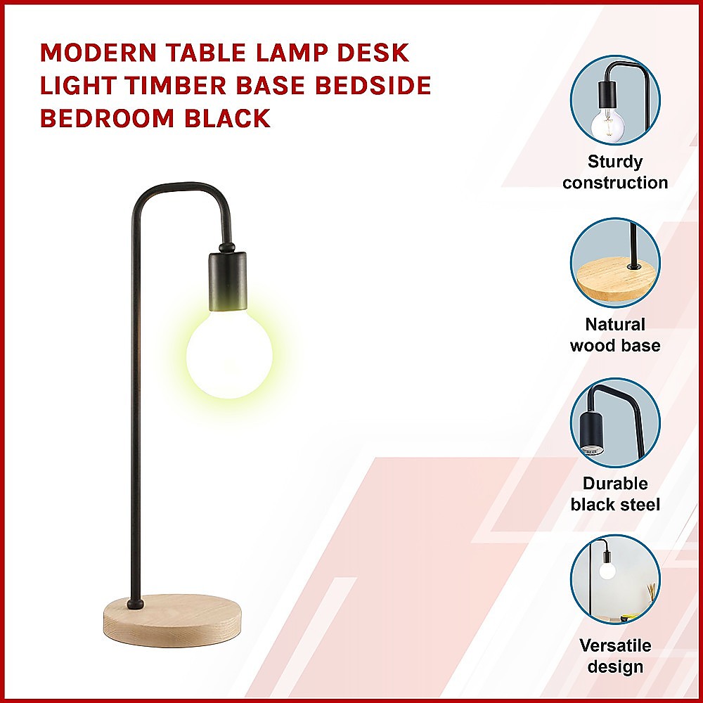 Modern Table lamp Desk Light Timber Base Bedside Bedroom Black 3