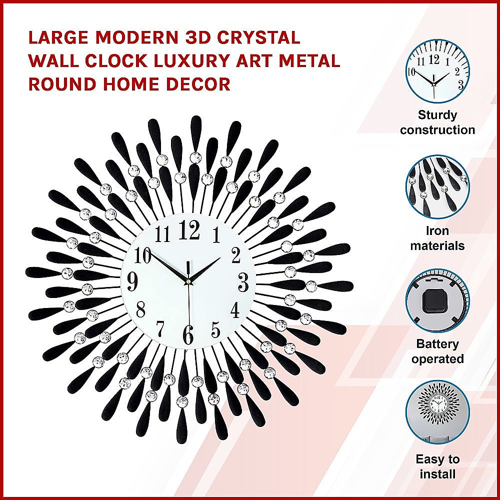 Large Modern 3D Crystal Wall Clock Luxury Art Metal Round Home Decor 3