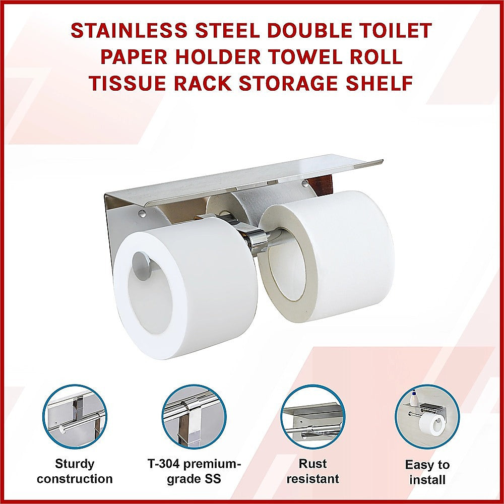 Stainless Steel Double Toilet Paper Holder Towel Roll Tissue Rack Storage Shelf 3