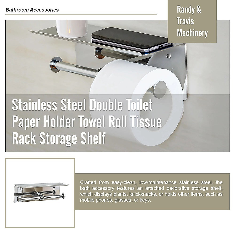 Stainless Steel Double Toilet Paper Holder Towel Roll Tissue Rack Storage Shelf 9