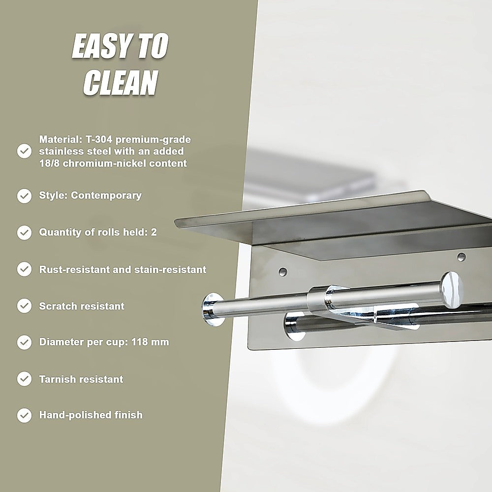 Stainless Steel Double Toilet Paper Holder Towel Roll Tissue Rack Storage Shelf 11